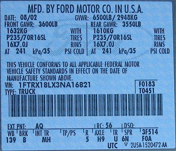 1957 Ford truck data plate #2